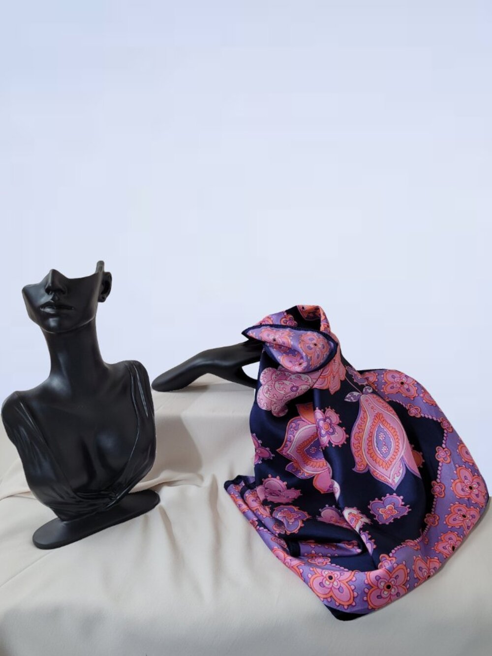 Vintage Pink Floral Rayon Square Scarf | Blue Botanical Head Neck Wrap